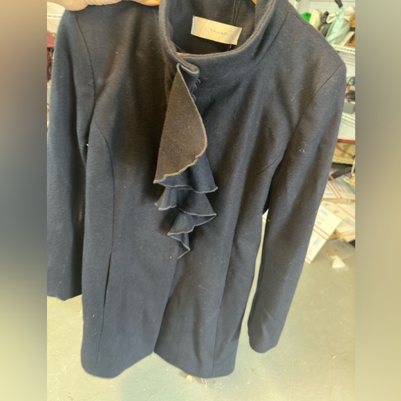 T Tahari Kate Ruffle Wool Blend Coat dark Navy medium - Picture 4 of 6